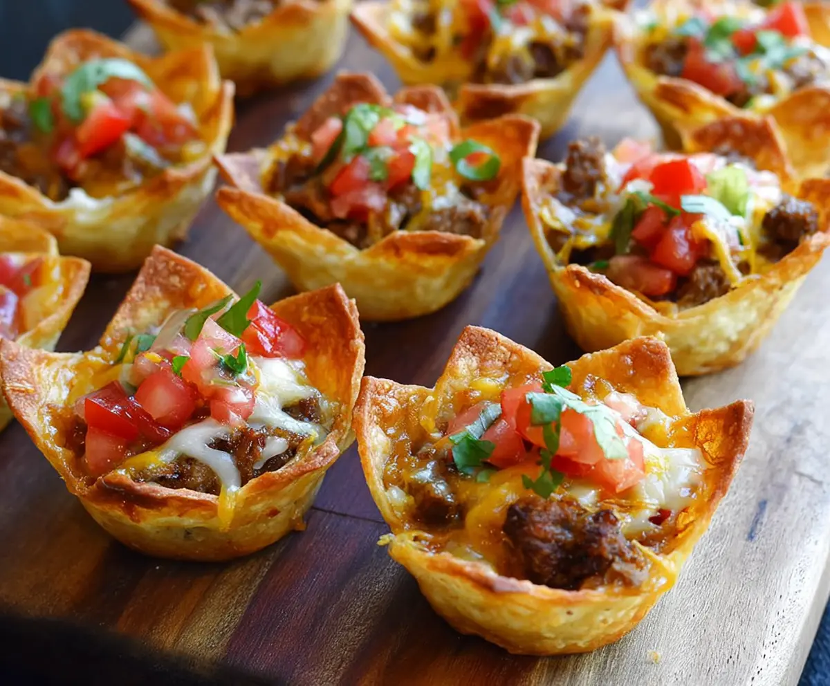 Golden crunchy nacho cups filled with melted cheese and topped with jalapenos and fresh herbs.