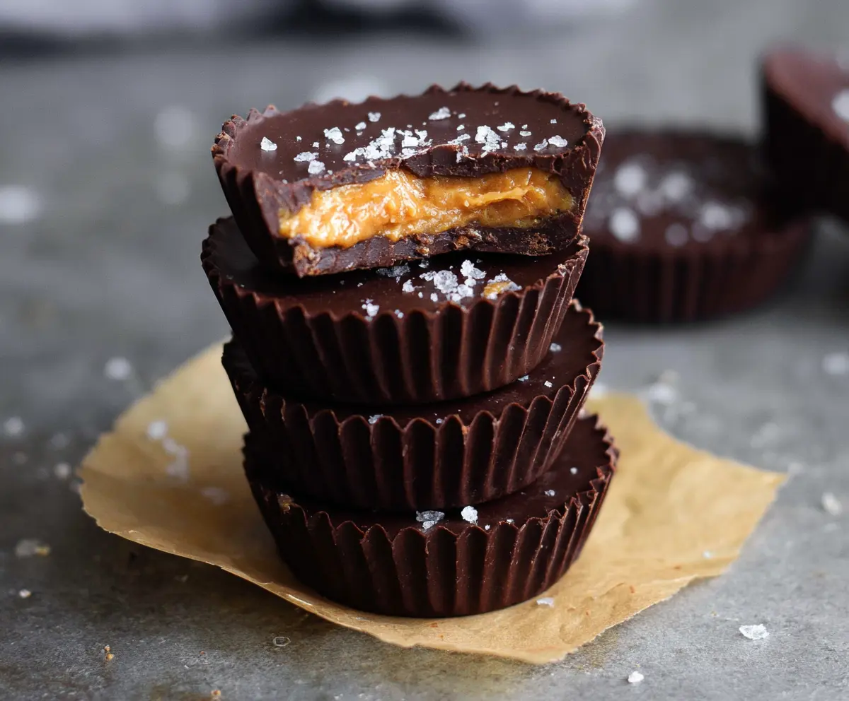 Delicious homemade dark chocolate peanut butter cups on a white plate, perfect for a sweet treat.