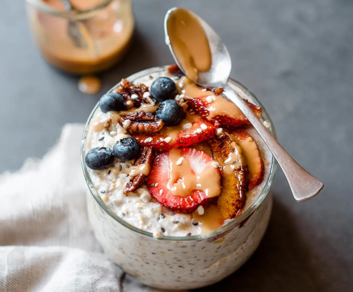 Creamy Date and Tahini Overnight Oats in a glass jar topped with chopped dates and sesame seeds.