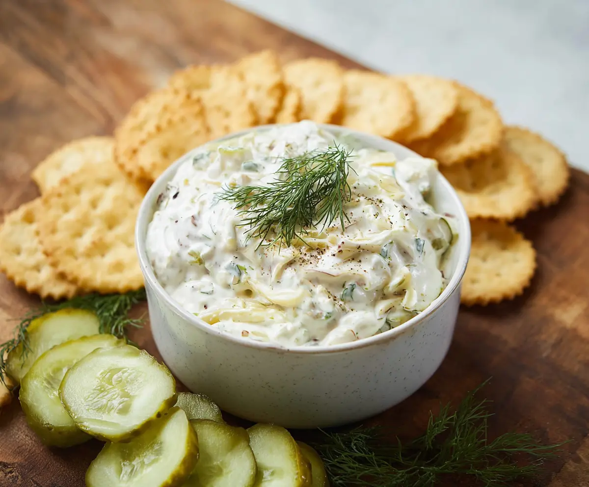 Creamy dill pickle dip served in a bowl with fresh herbs and crunchy chips.