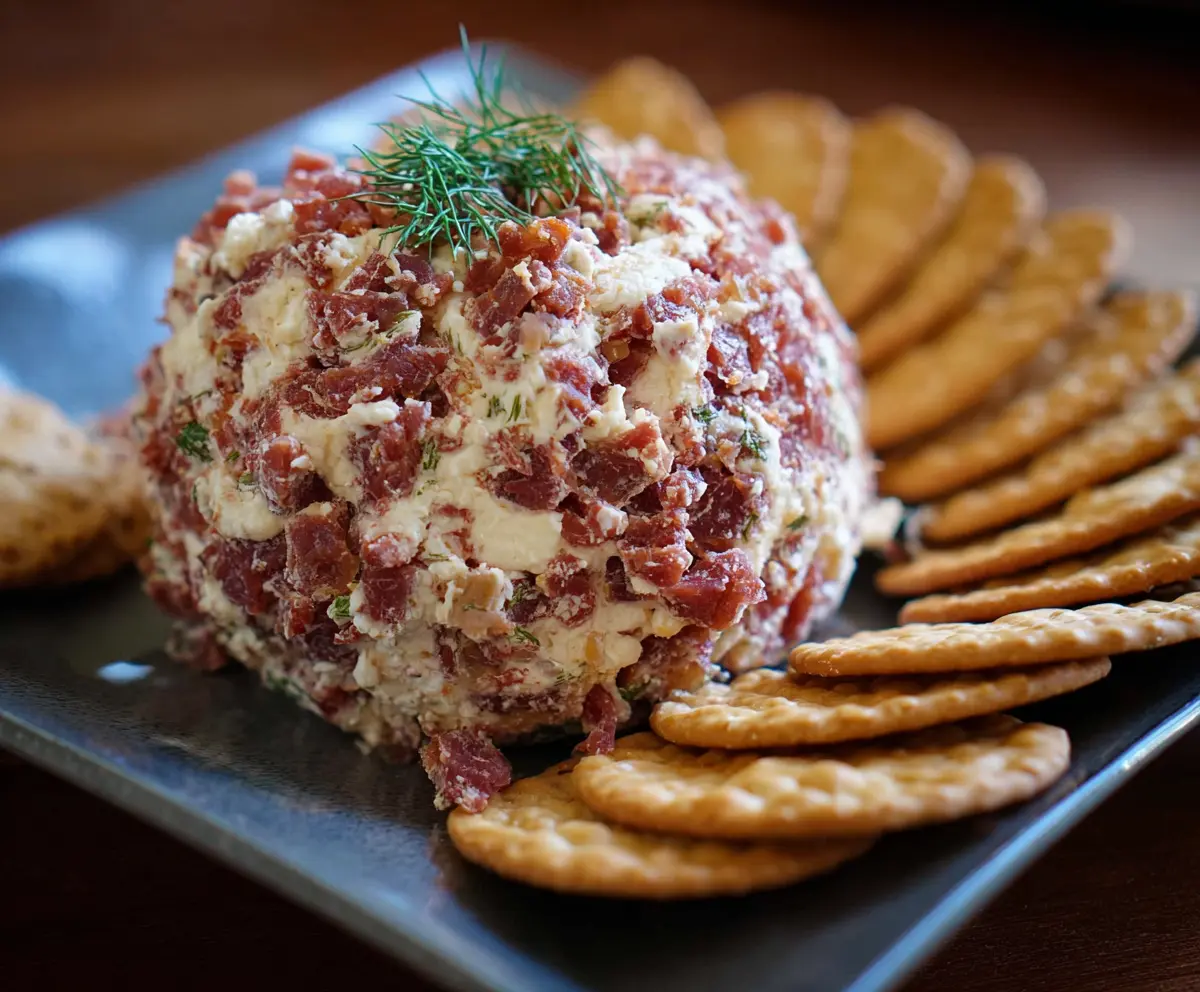 Delicious dried beef cheese ball appetizer with creamy cheese and savory beef pieces