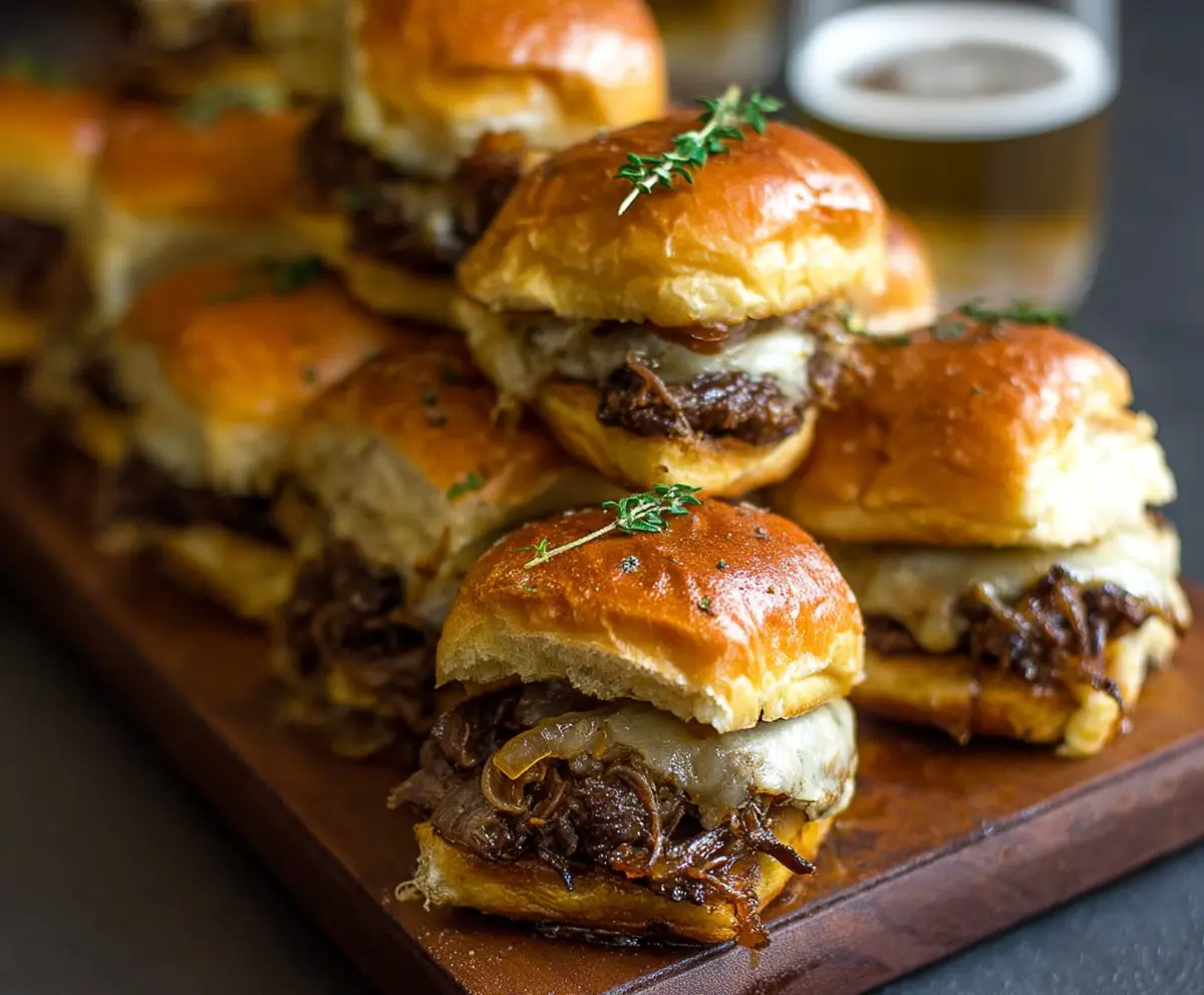 Delicious French Onion Beef Sliders with melted cheese and caramelized onions on a plate.