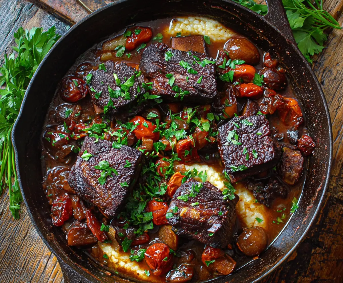 Delicious French-style braised short ribs served with mashed potatoes and vegetables.