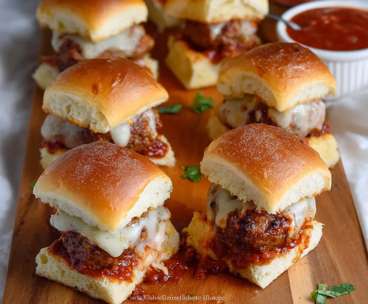 Delicious Game Day Meatball Sliders with melted cheese and marinara sauce on a serving platter.
