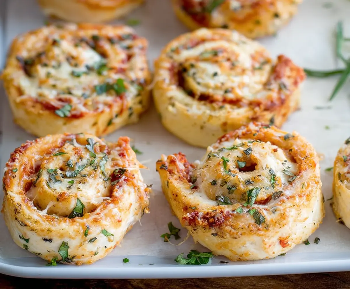 Delicious garlic Parmesan chicken pinwheels with crispy golden crust served on a white platter.