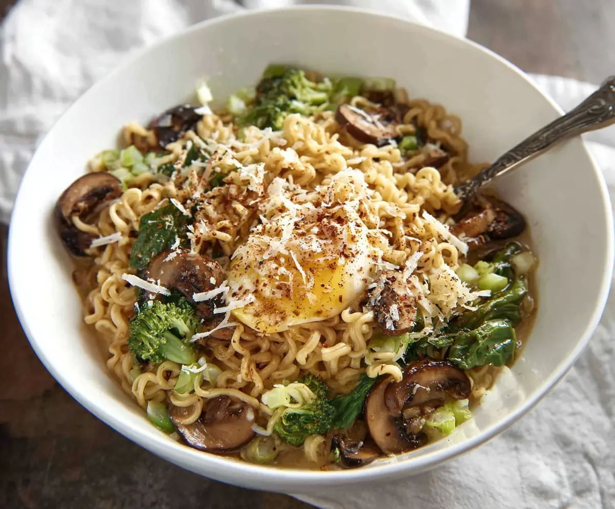 Delicious garlic parmesan ramen in a bowl with fresh herbs and grated cheese.