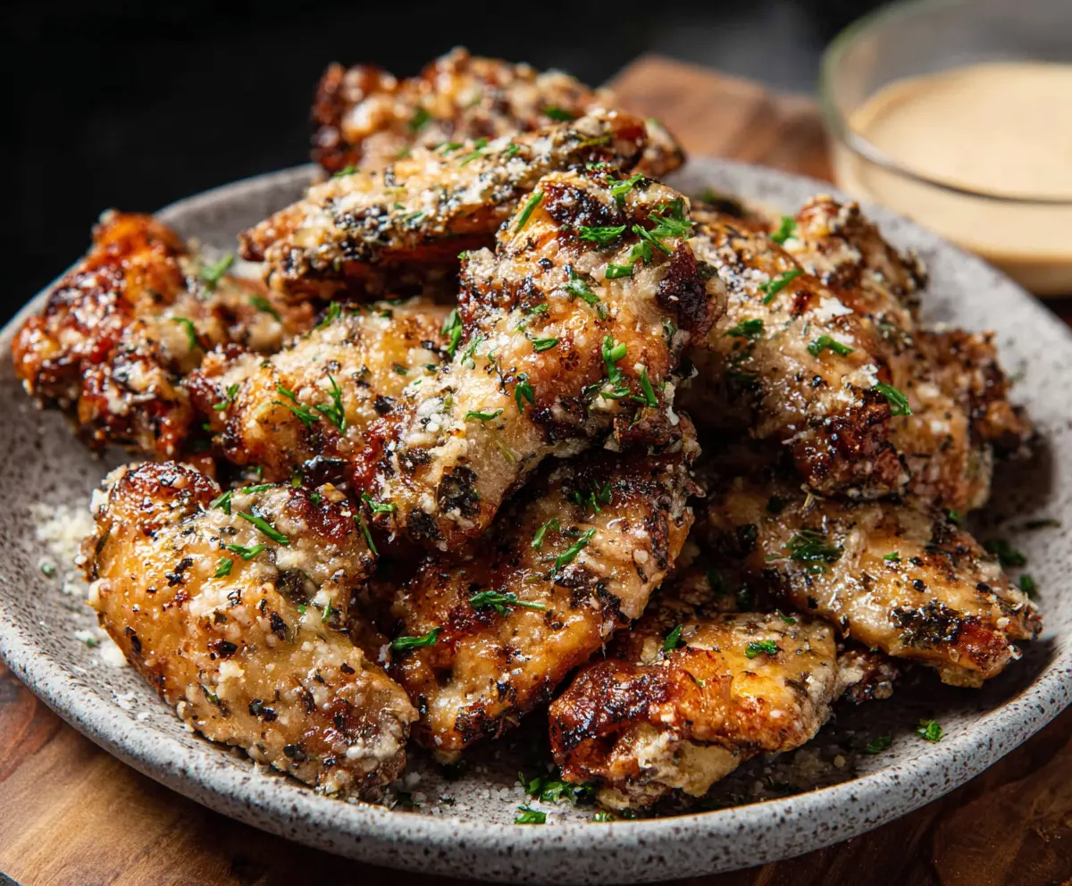 Juicy garlic parmesan wings served with fresh herbs and crispy edges.