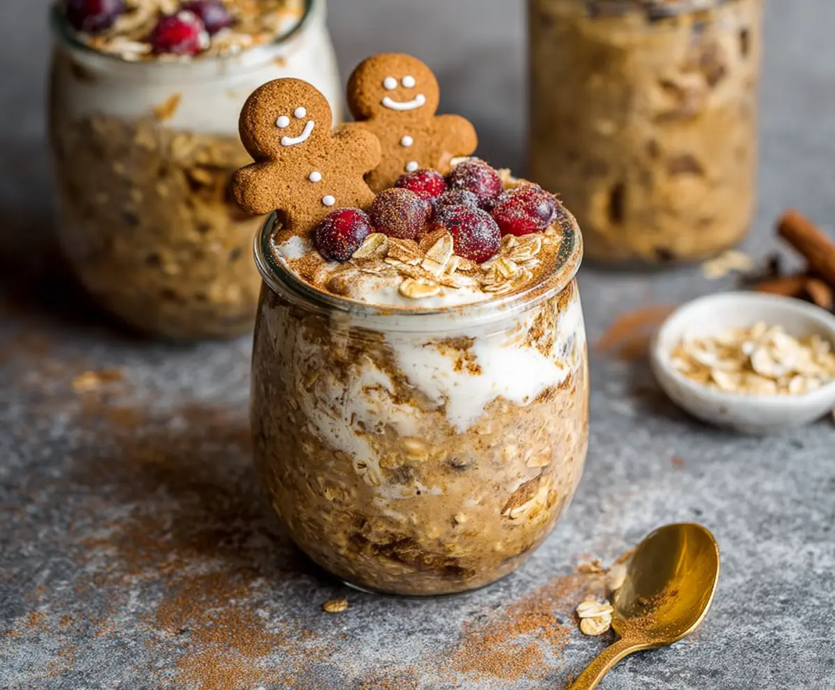 Delicious gingerbread overnight oats in a glass jar topped with fresh cream and cinnamon for a festive breakfast.