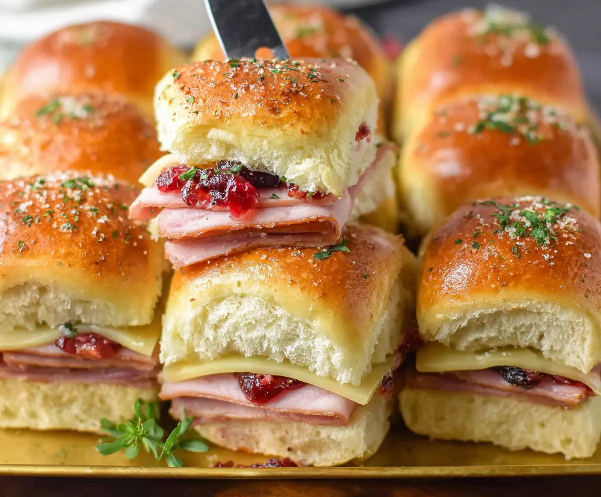 Delicious ham and cranberry sliders served on a platter, perfect for a savory and sweet appetizer.