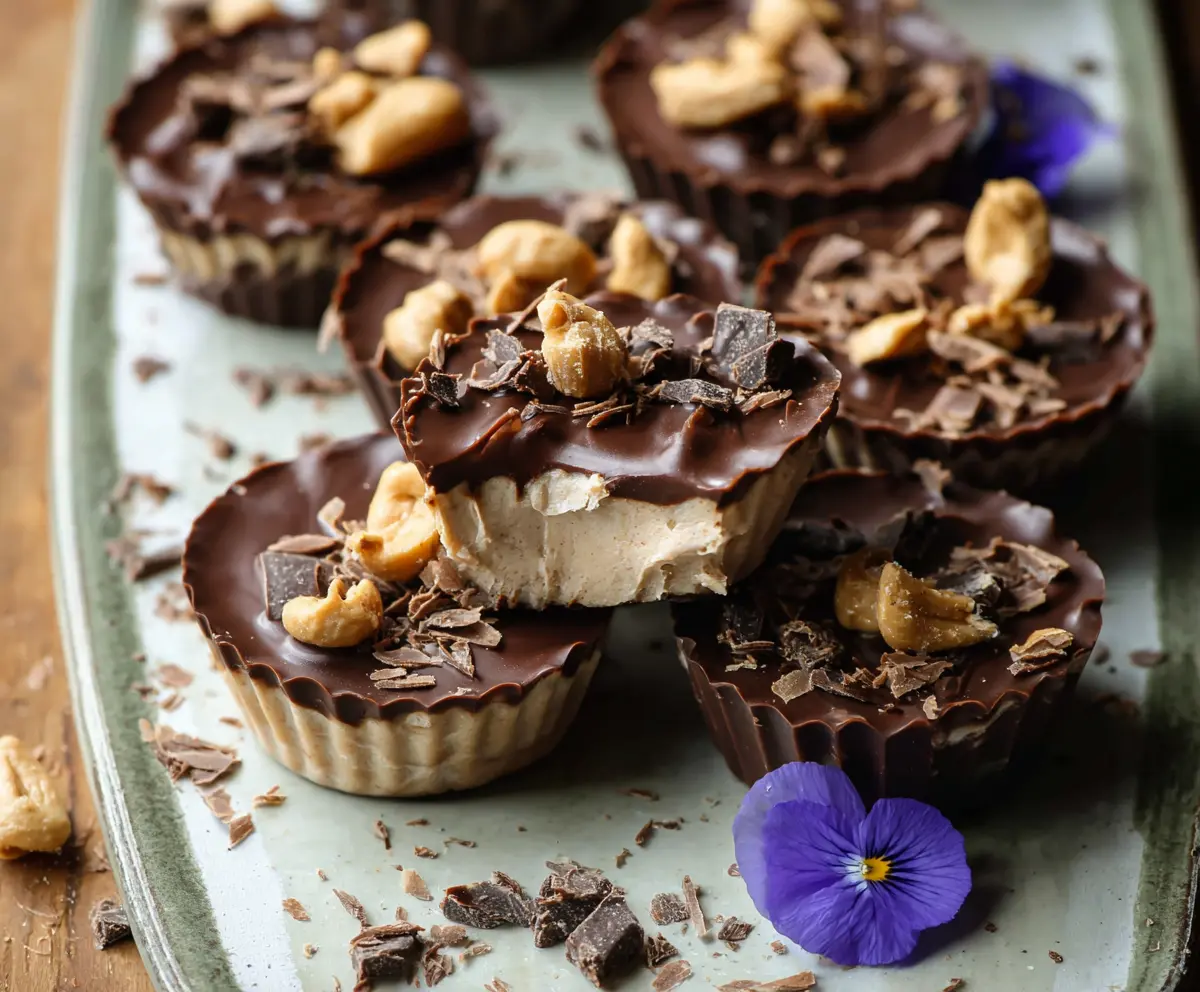 Healthy frozen peanut butter Greek yogurt cups topped with chocolate for a nutritious dessert