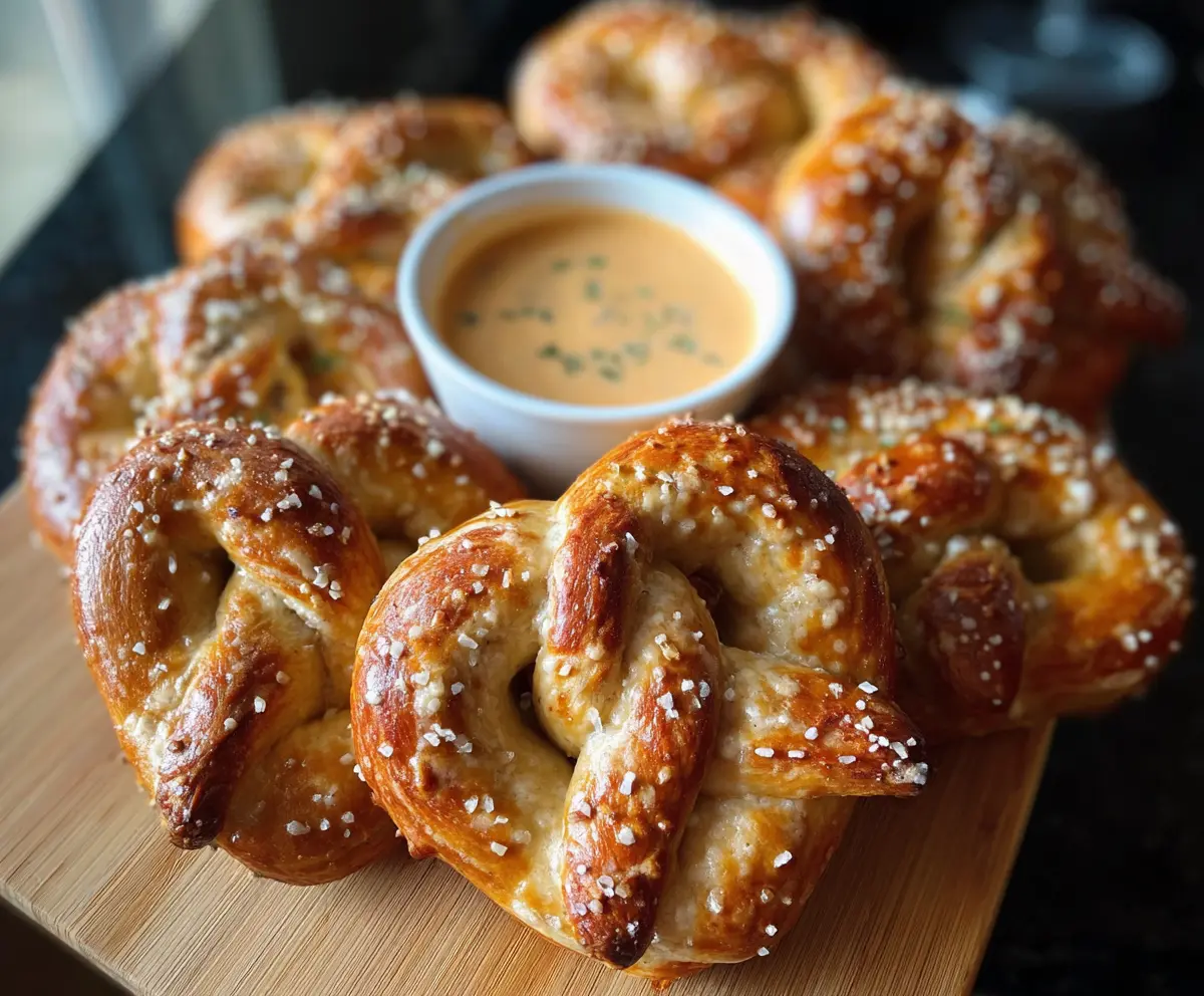 Freshly baked homemade pretzels with a side of creamy queso cheese dip on a rustic wooden table.