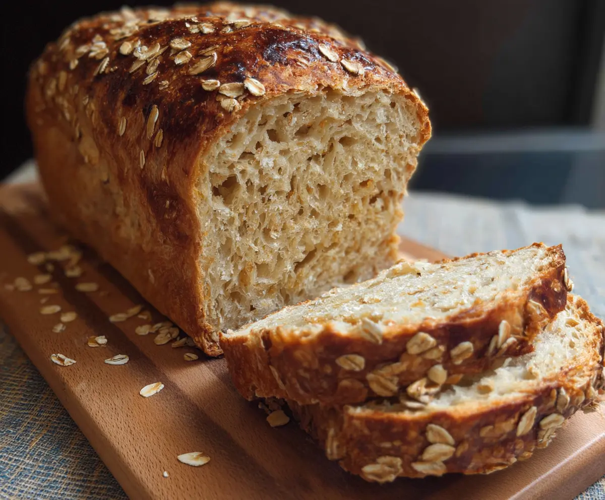 Freshly baked honey oat sourdough sandwich bread sliced and ready to serve.
