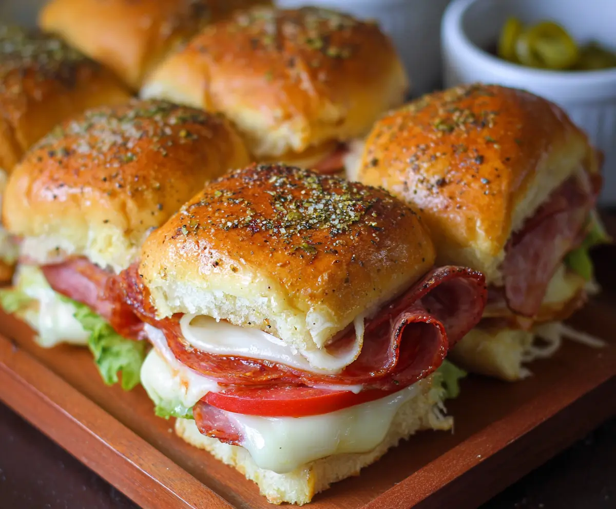 Delicious Hot Italian Sub Sliders with melted cheese, Italian meats, and fresh toppings served hot.