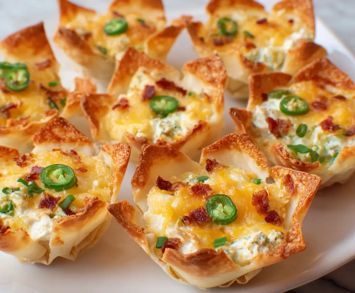 Bite-sized Jalapeño Popper Wonton Cups filled with cheesy, spicy jalapeño filling for appetizer lovers.