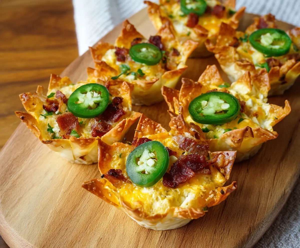 Baked Jalapeno Popper Wonton Cups filled with creamy cheese and spicy jalapenos, garnished with fresh herbs.