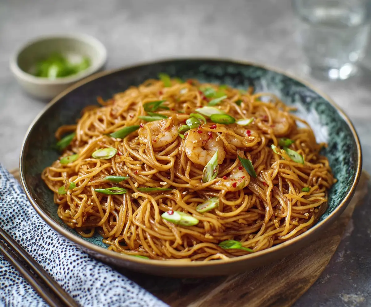 Delicious Japanese garlic fried noodles garnished with green onions on a plate.