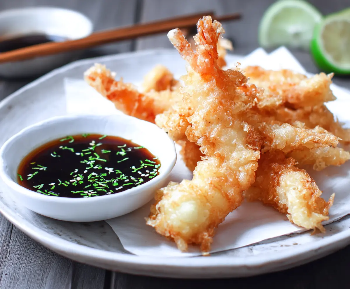 Crispy Japanese shrimp tempura served with dipping sauce on a white plate