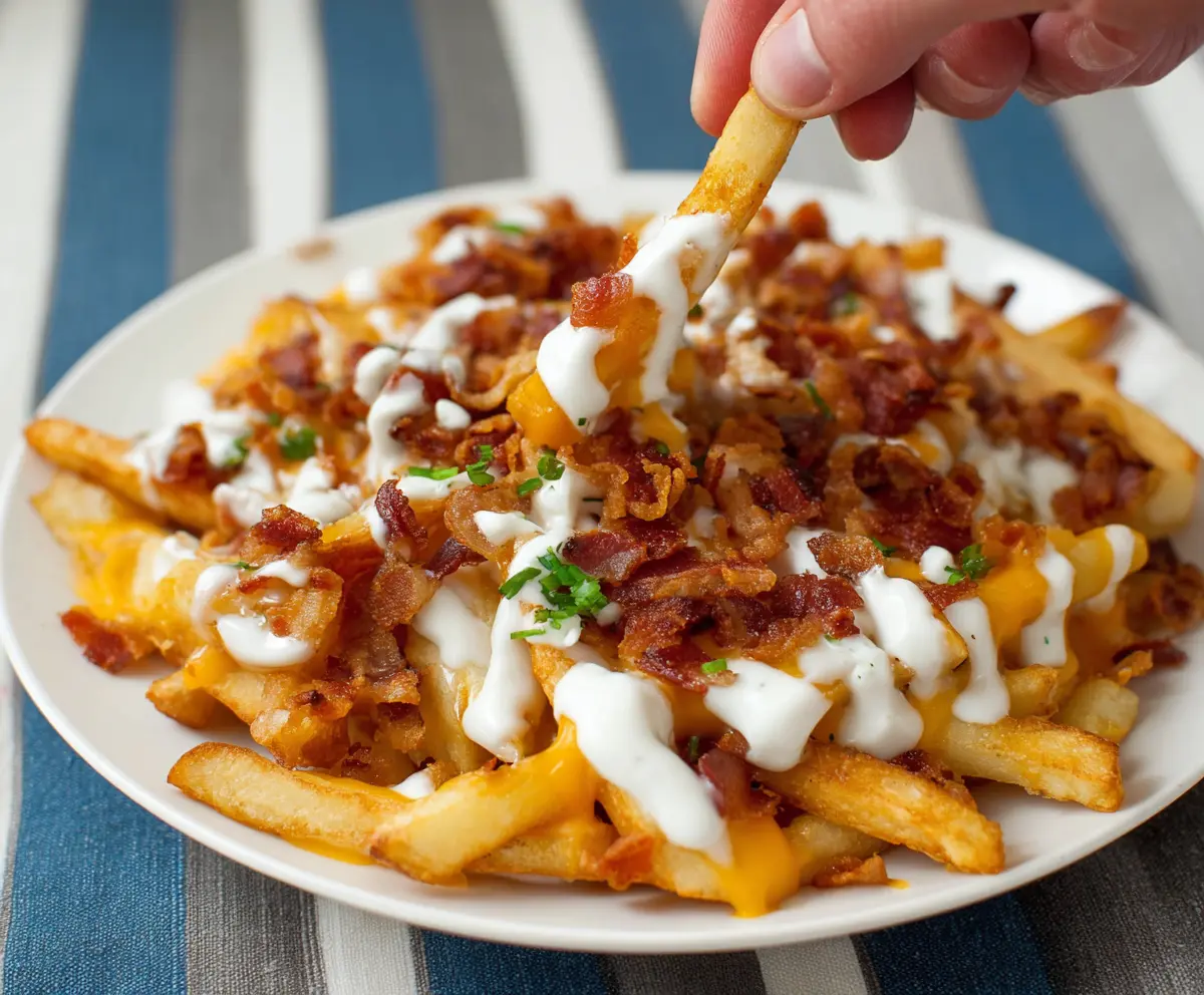 Crispy loaded bacon ranch French fries topped with melted cheese, crispy bacon bits, and fresh green onions.