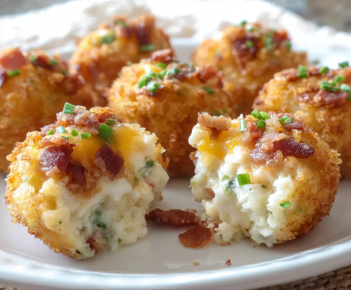 Delicious loaded mashed potato bites topped with cheese, bacon, and green onions, served as a savory appetizer.