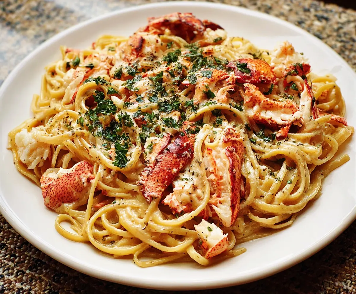 Delicious lobster pasta dish with fresh seafood and pasta garnished with herbs