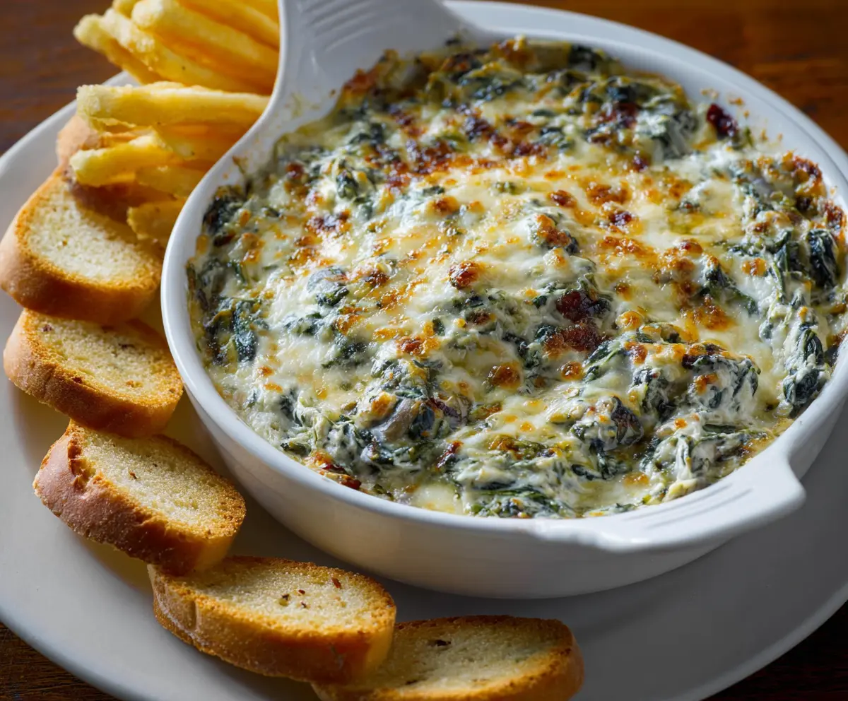 Creamy spinach dip served at Longhorn Steakhouse, perfect for sharing at parties.