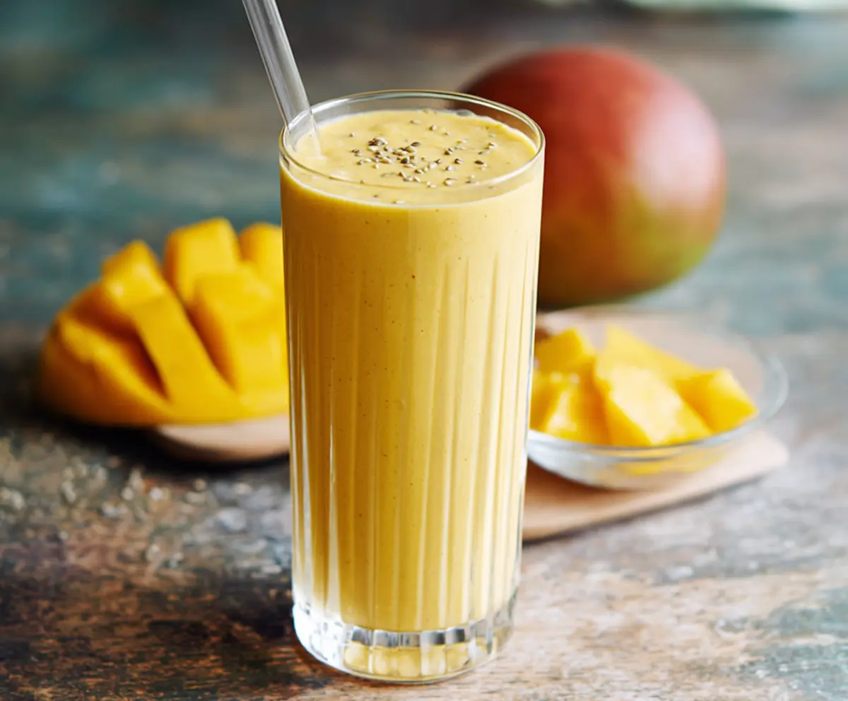 Refreshing mango protein smoothie in a glass garnished with fresh mango slices and mint leaves.