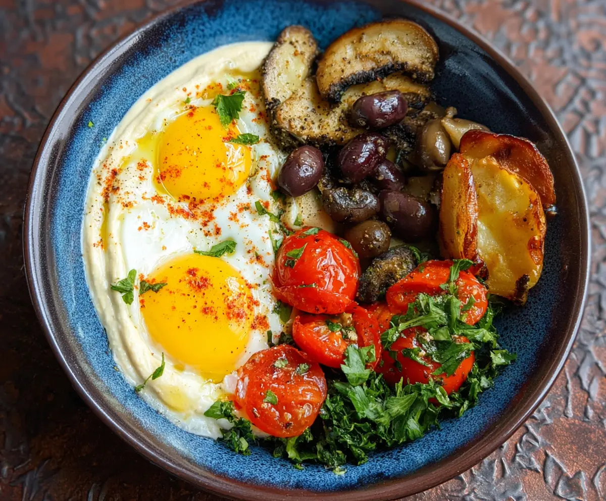Healthy Mediterranean Breakfast Bowl with fresh vegetables, hummus, and olives in a rustic bowl.