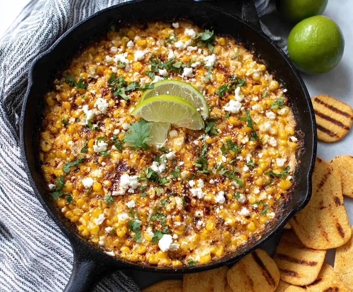 Delicious Mexican Street Corn Skillet Dip topped with cheese and cilantro in a rustic skillet
