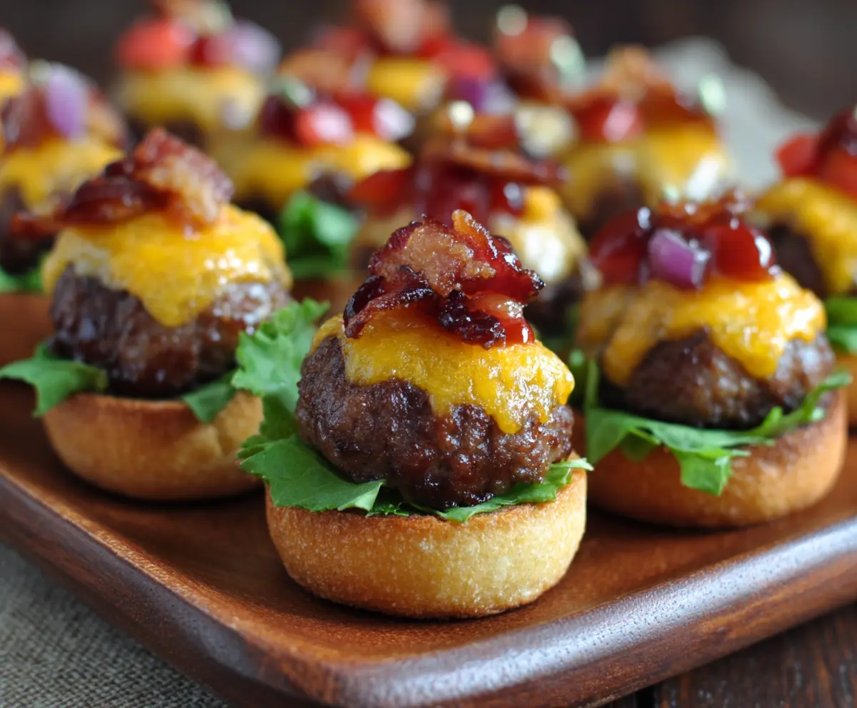Delicious mini bacon cheeseburger bites with crispy bacon, melted cheese, and juicy beef patties on a serving platter.