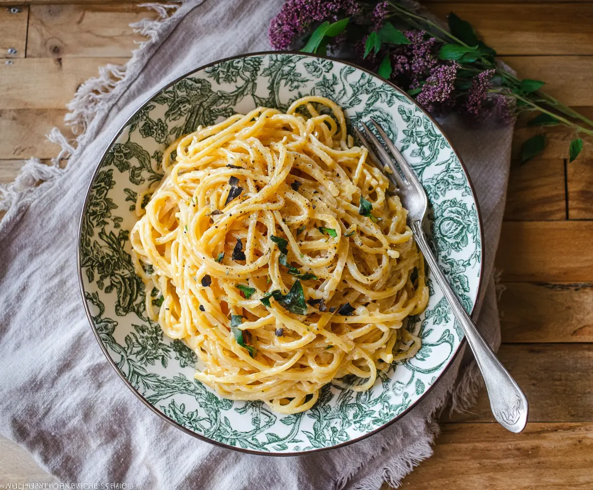 Creamy miso butter pasta served with fresh herbs and a sprinkle of sesame seeds