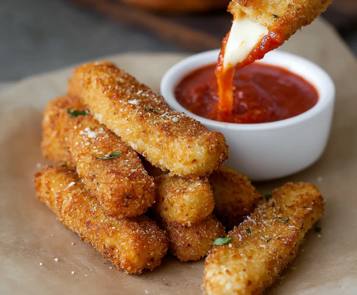 Golden crispy mozzarella sticks served with a bowl of rich marinara sauce for dipping.