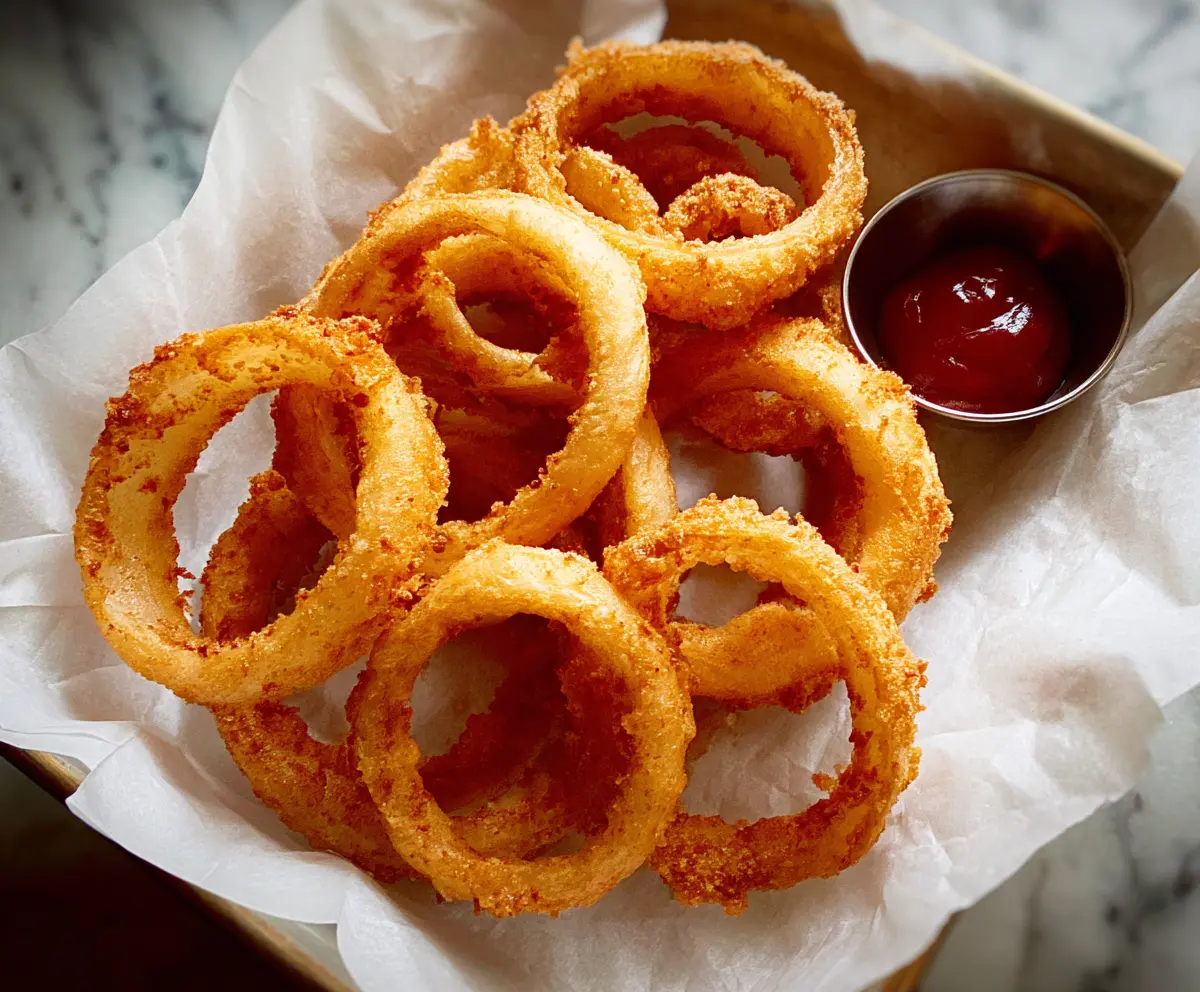 Crispy golden onion rings served with a side of dipping sauce on a white plate.