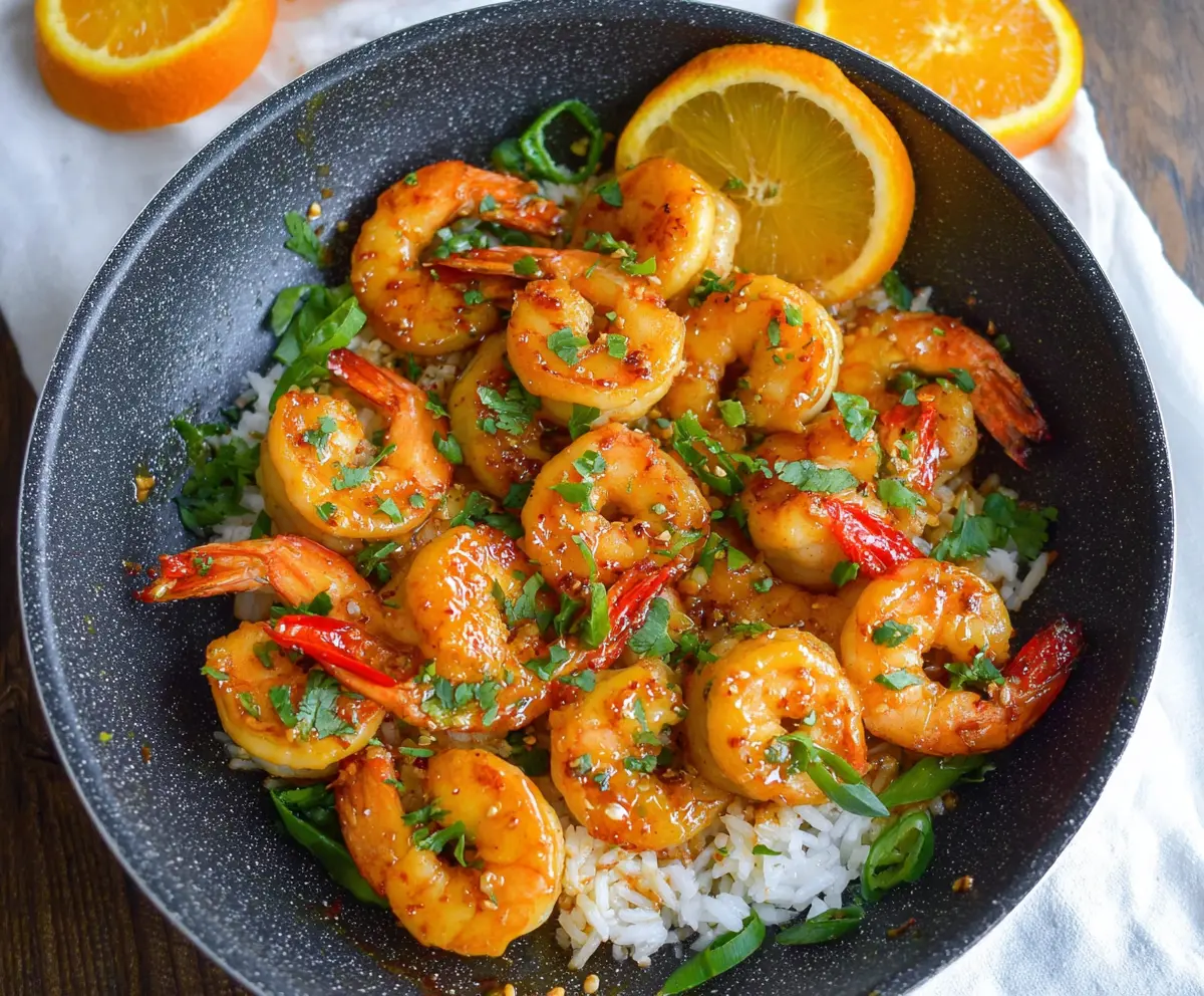 Delicious orange chili garlic shrimp served on a plate with garnishes