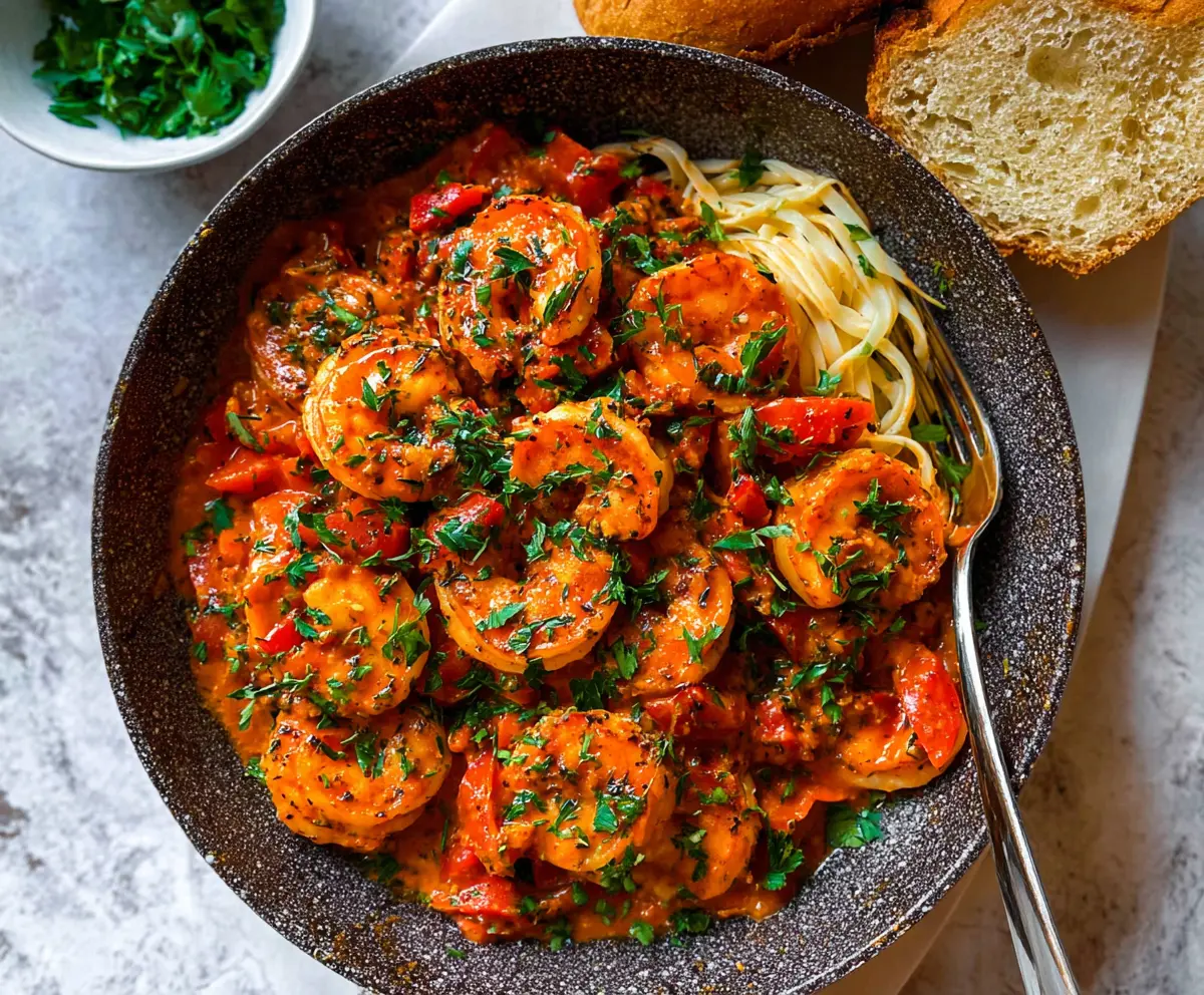 Delicious paprika shrimp skillet with tender shrimp and vibrant spices served in a skillet.