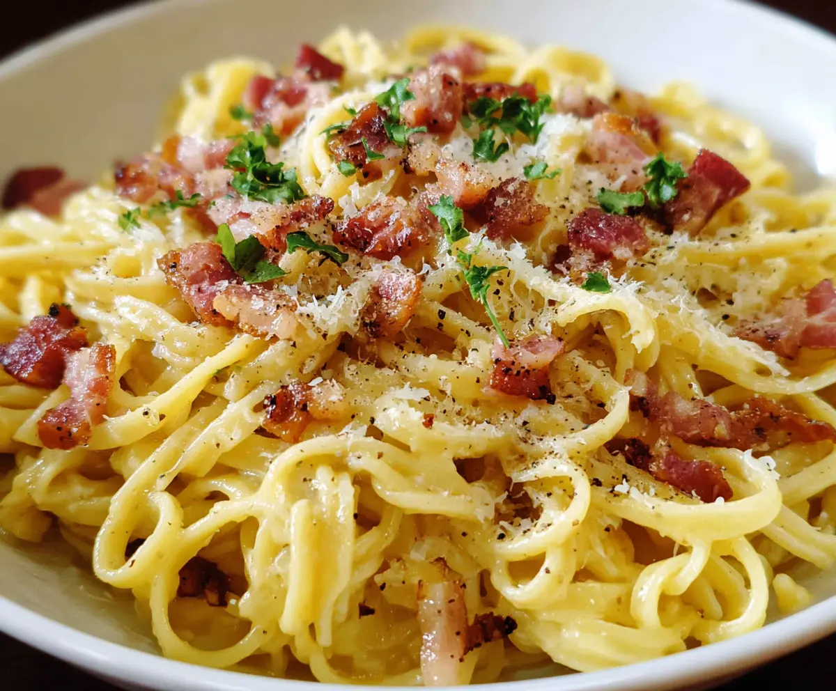 Delicious Pasta Carbonara with crispy pancetta and creamy sauce on a white plate.