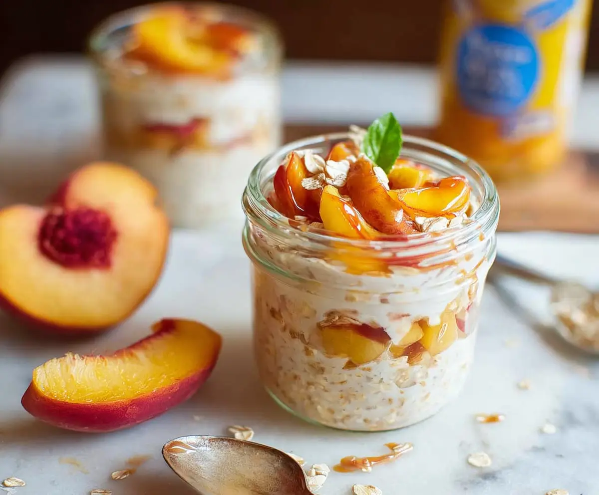 Creamy Peach Cobbler Overnight Oats topped with fresh peach slices and a sprinkle of cinnamon.