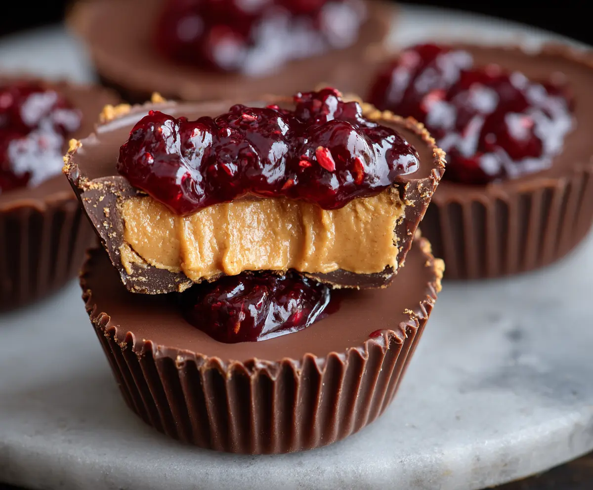 Delicious homemade Peanut Butter and Jelly Cups with creamy filling and colorful fruit topping