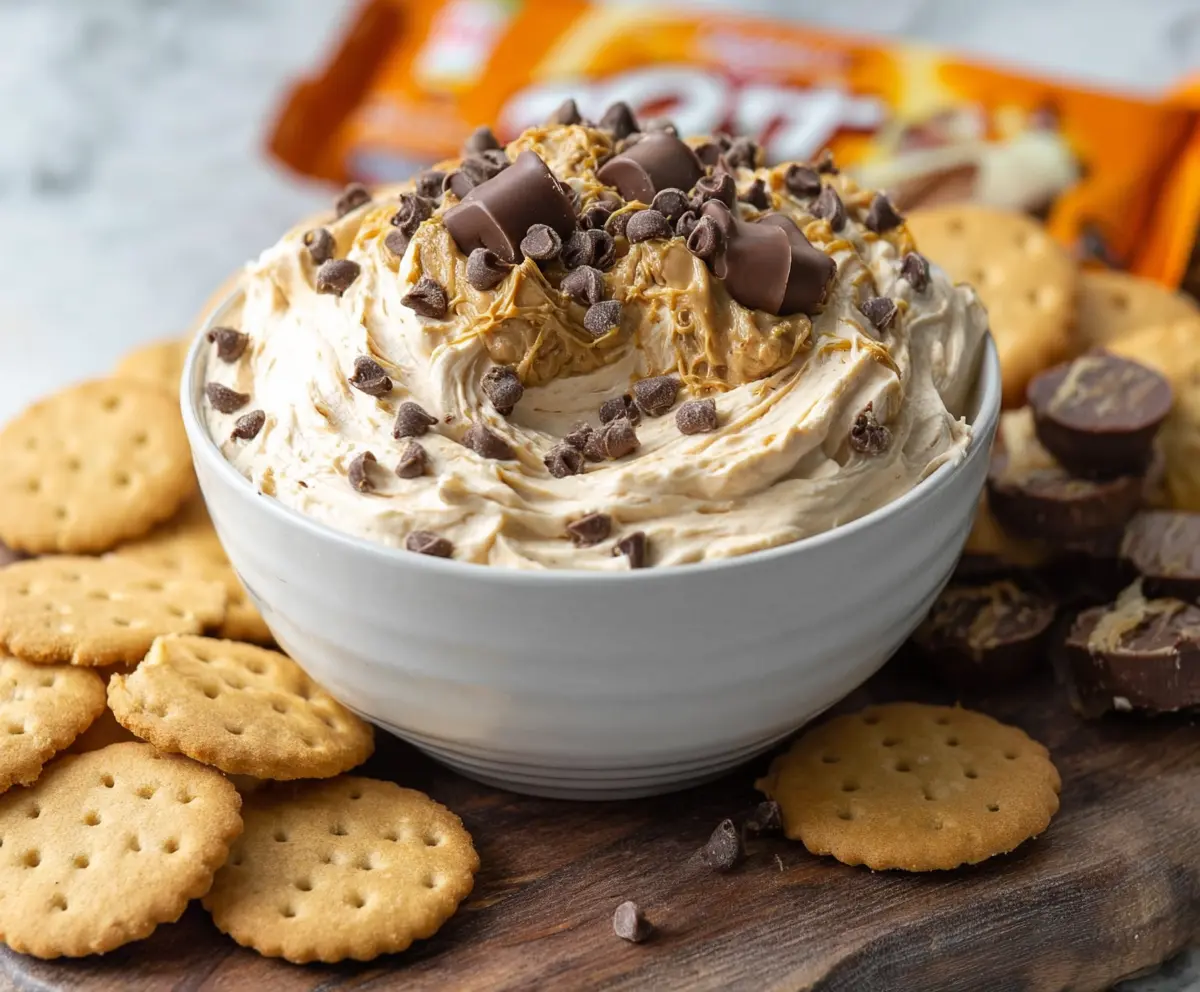 Creamy peanut butter cheesecake dip served with graham crackers and fresh fruit for a sweet snack.
