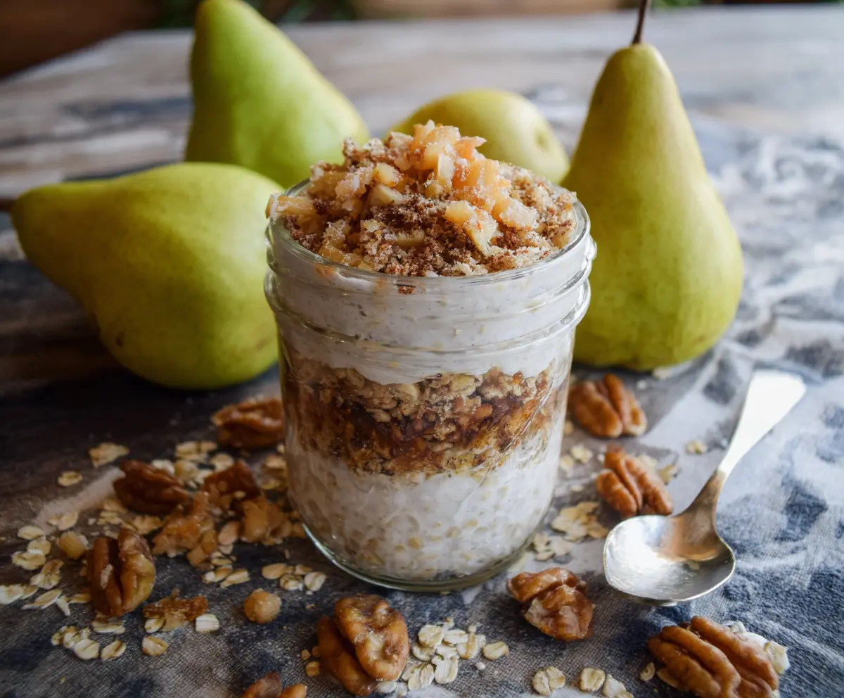Delicious Pear Crumble Overnight Oats with fresh pears and crunchy crumble topping