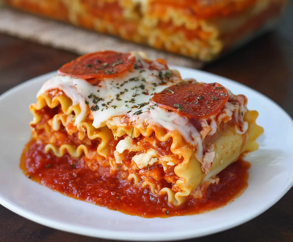 Delicious Pepperoni Pizza Lasagna Roll Ups with melted cheese and crispy edges on a serving platter.