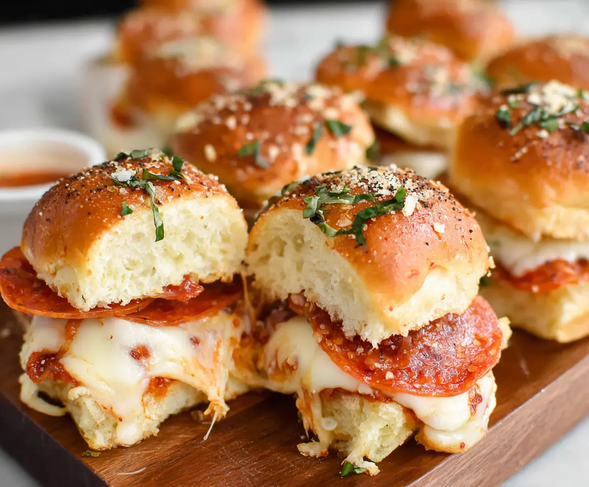 Delicious pepperoni pizza sliders with melted cheese and crispy bread rolls, perfect for appetizer or snack.