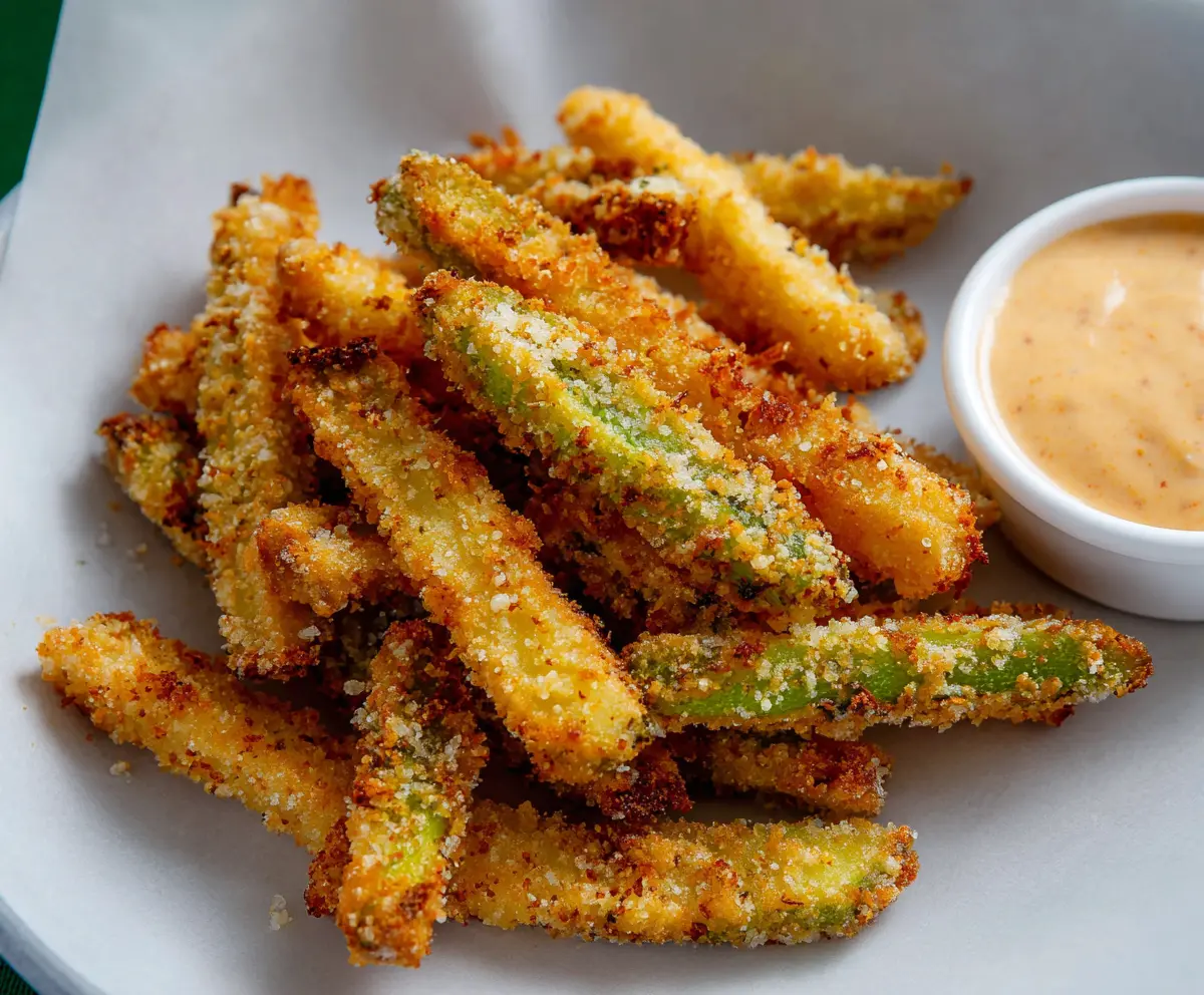 Crispy pickle fries served with dipping sauce, perfect appetizer or snack