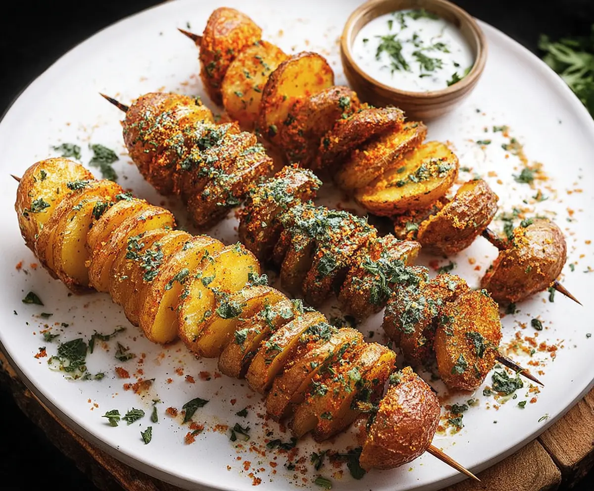 Grilled potato skewers with herbs and spices on a barbecue grill.