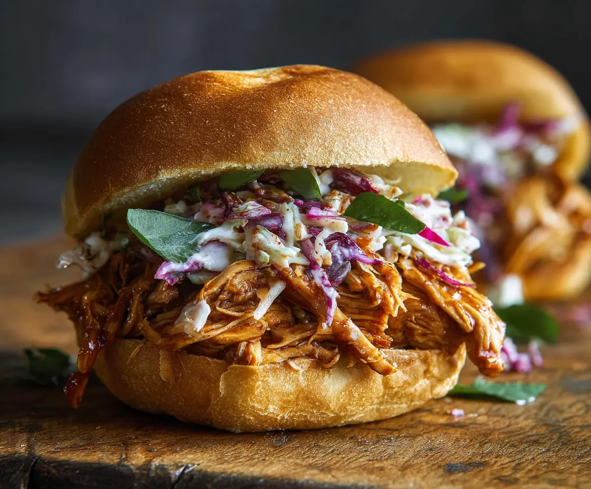 Delicious pulled chicken sandwiches with fresh toppings topped with barbecue sauce.
