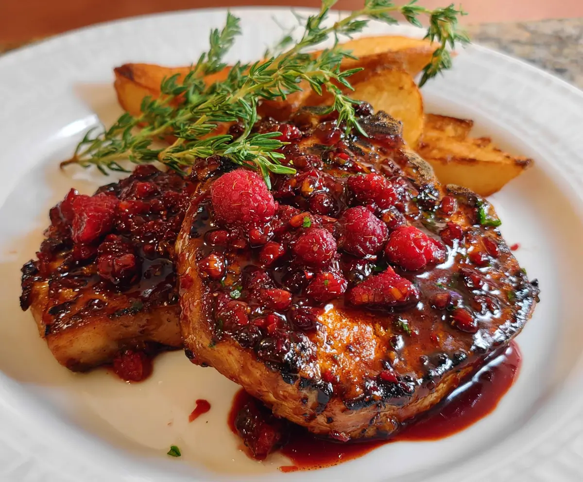 Juicy pork chops topped with a glossy raspberry glaze on a white plate, garnished with fresh raspberries.