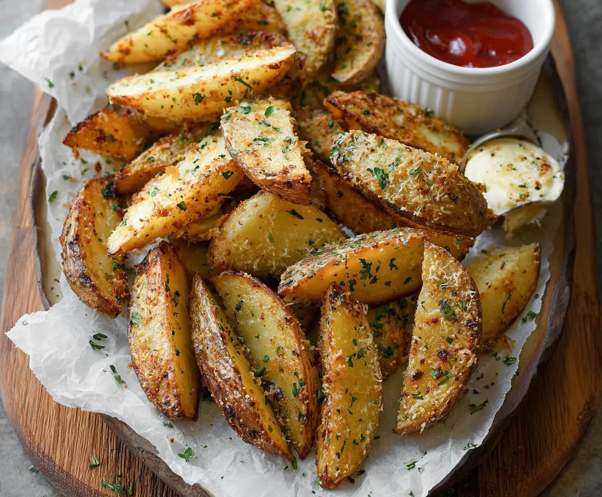Crispy roasted garlic Parmesan potato wedges served on a plate, garnished with herbs.
