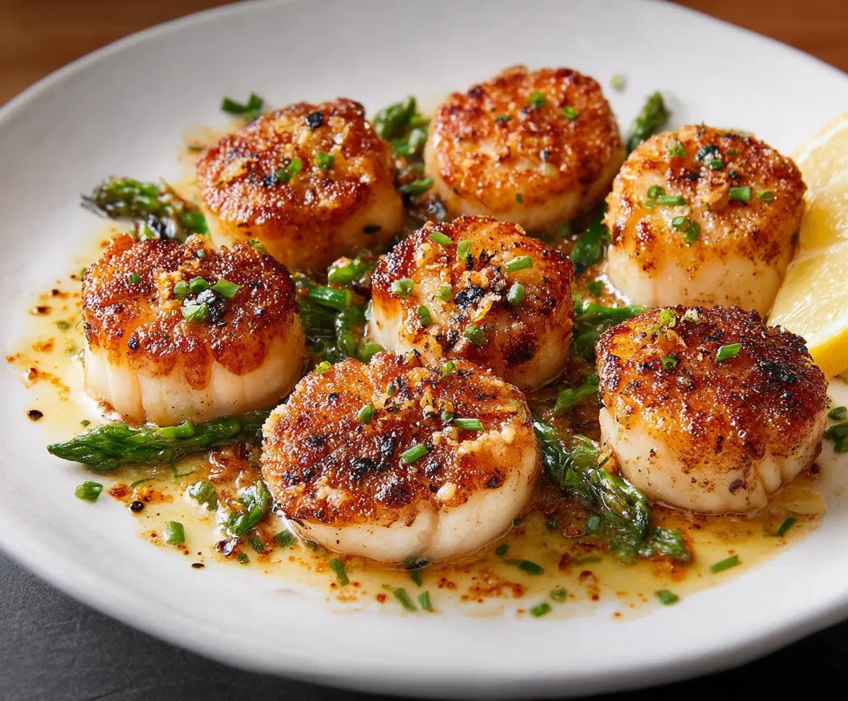 Delicious seared scallops served with a lemon butter sauce on a white plate.