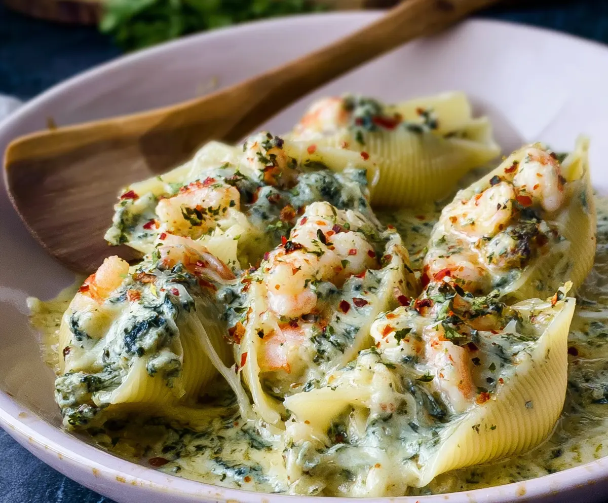 Delicious shrimp and spinach stuffed shells in a creamy cheese sauce served on a white plate.