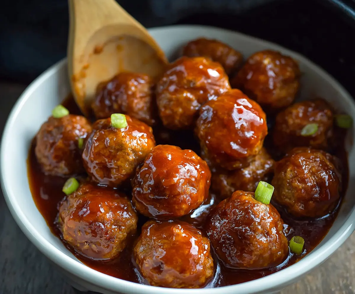 Delicious slow cooker honey buffalo meatballs glazed with honey and spicy buffalo sauce, served in a bowl.