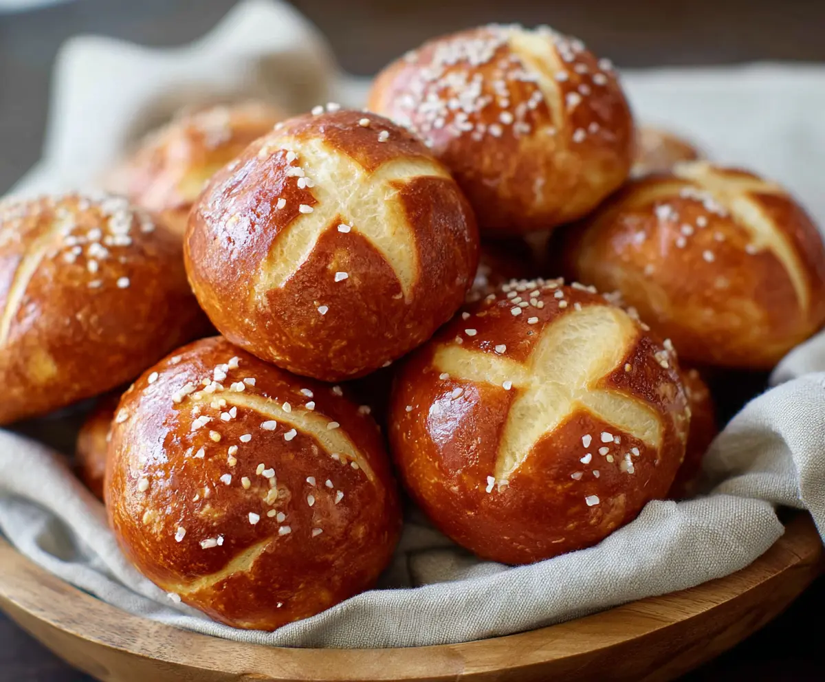 Crispy and soft homemade pretzel buns stacked on a wooden board, perfect for sandwiches and burgers.